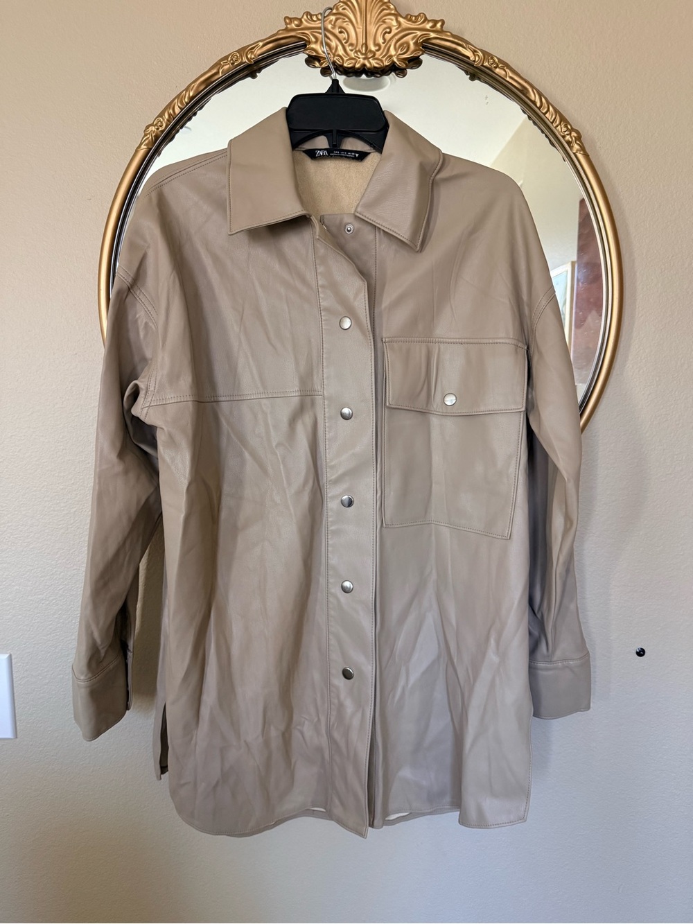 Zara Taupe Leather Shacket with Snap Front
